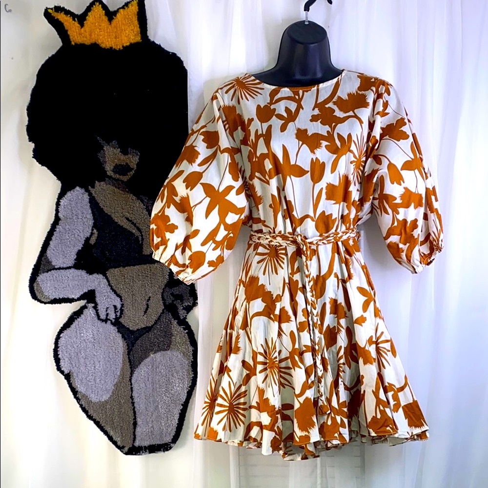 Aakaa Brown & White Floral Print Mini Dress with Braided Belt.